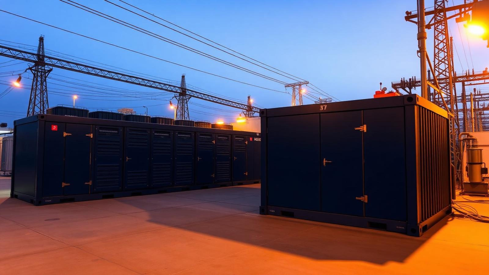 Contêineres de sistema de armazenamento de energia por baterias ao lado de uma subestação elétrica