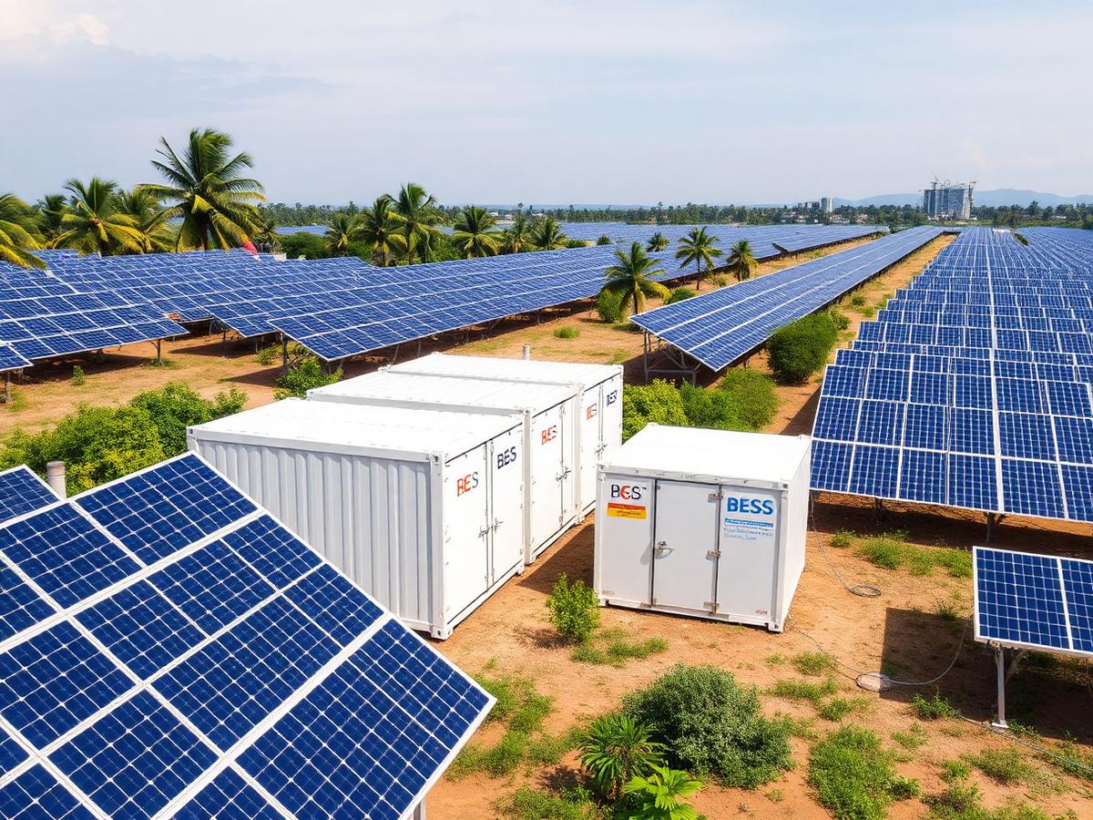 Contêineres de baterias instalados ao lado de usina solar fotovoltaica