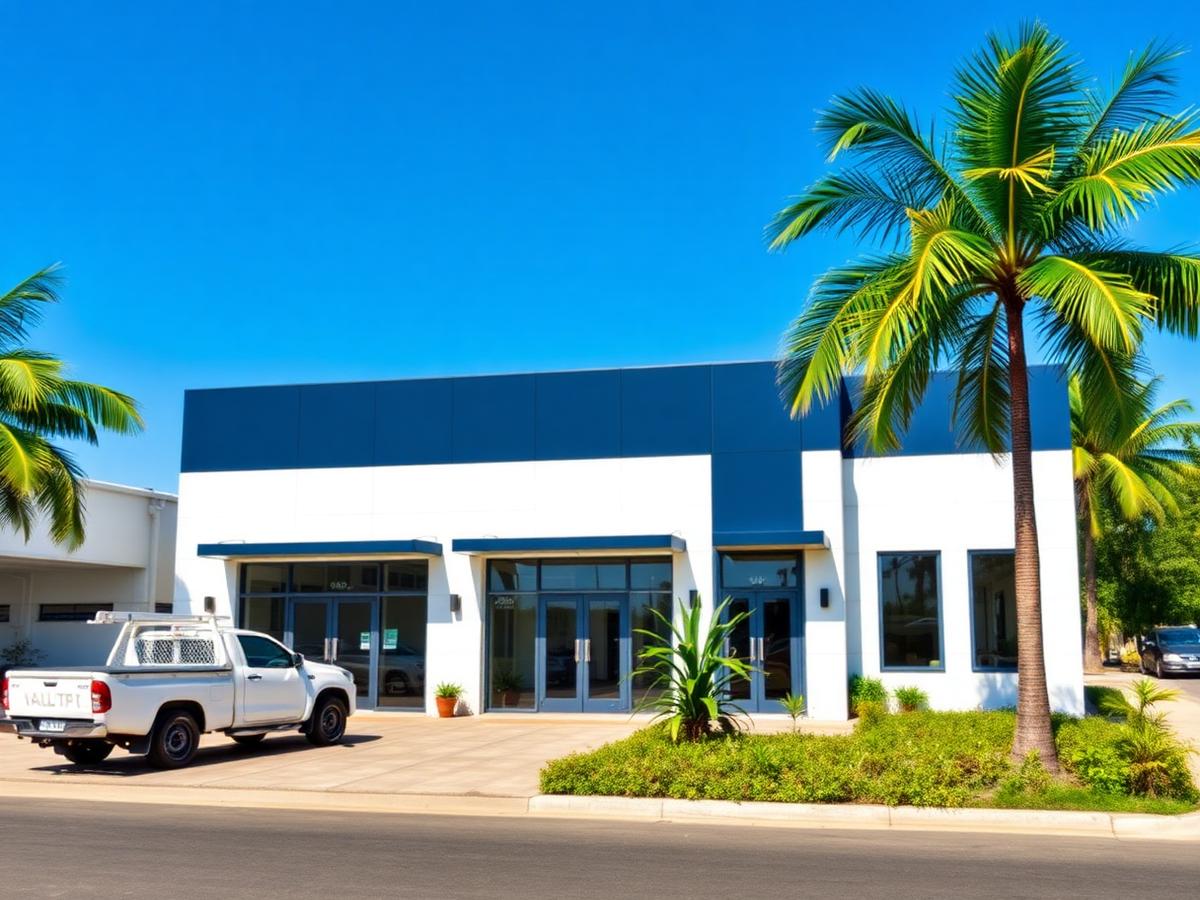 Fachada de edifício comercial branco e azul-marinho com veículos utilitários estacionados
