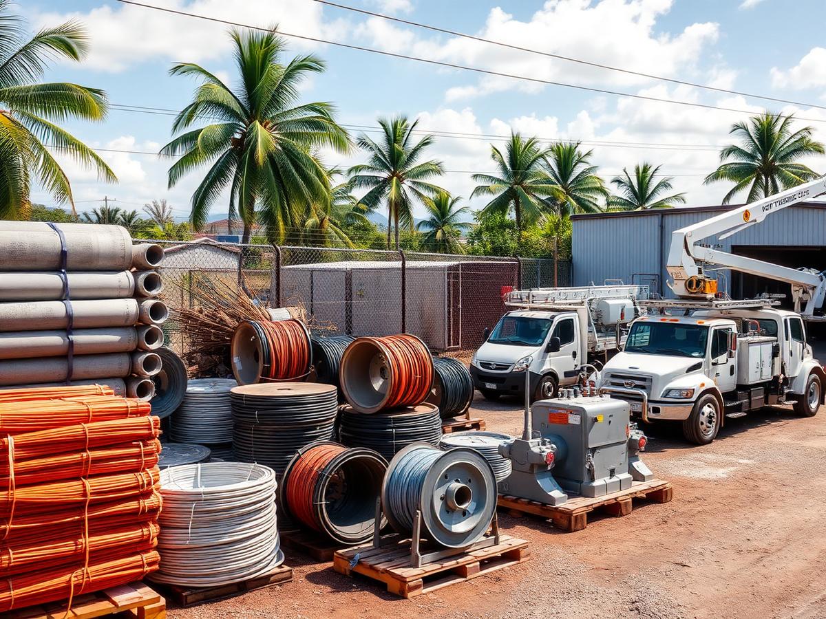 Pátio de empresa com postes, bobinas de cabo, transformadores e caminhões utilitários