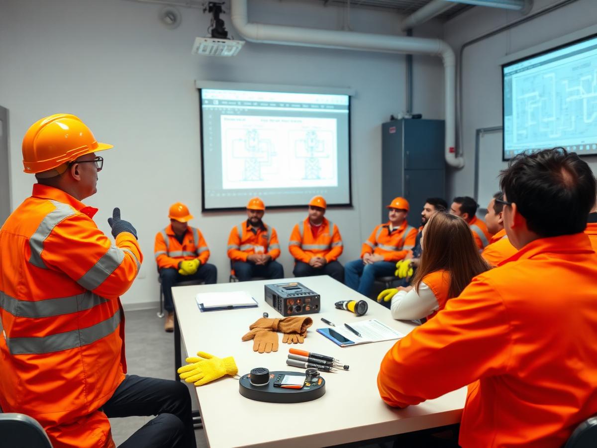 Instrutor apresentando conteúdo de segurança elétrica para equipe uniformizada em sala de treinamento