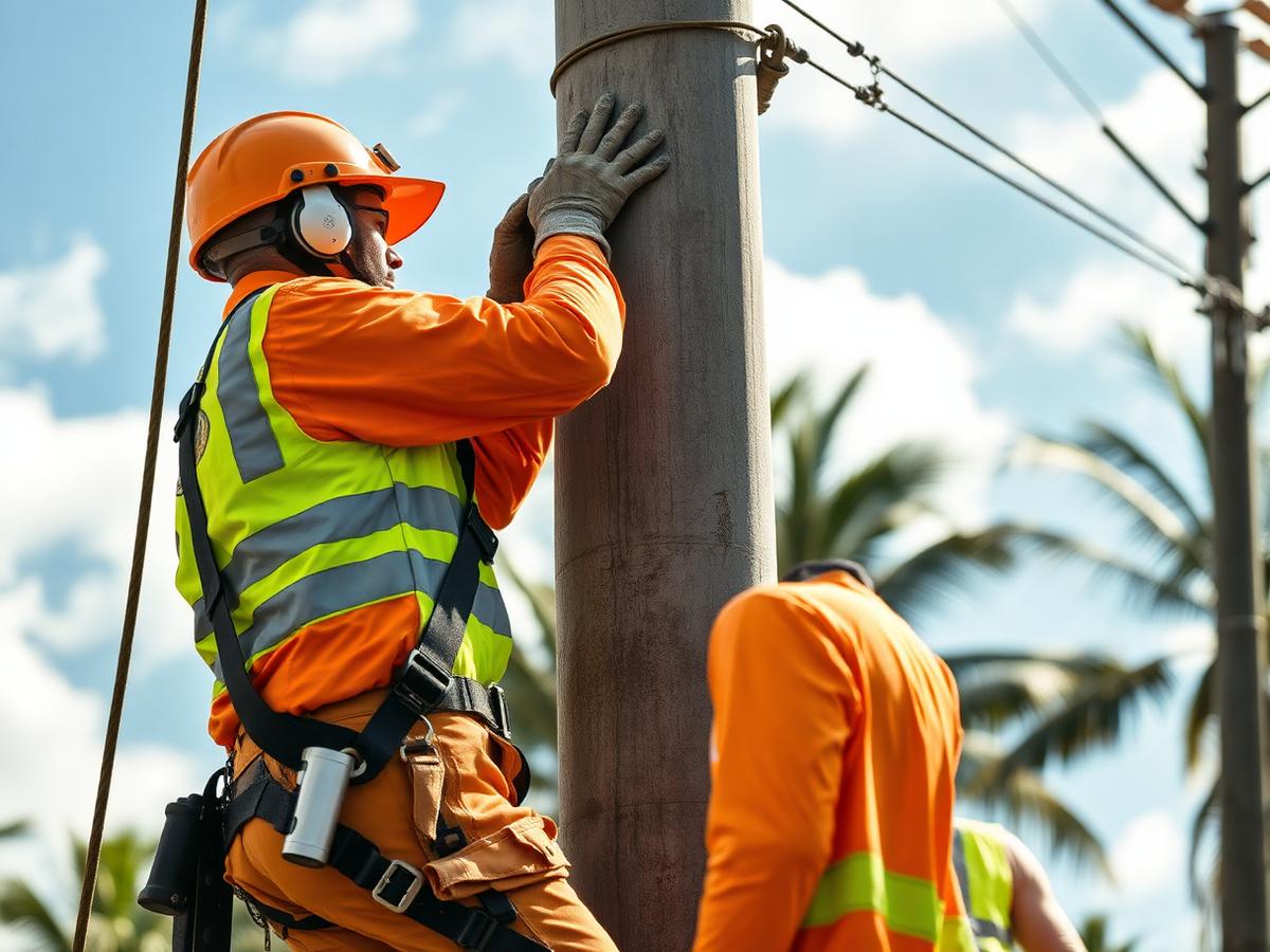 Eletricista com cinto paraquedista e capacete escalando poste durante treinamento de trabalho em altura