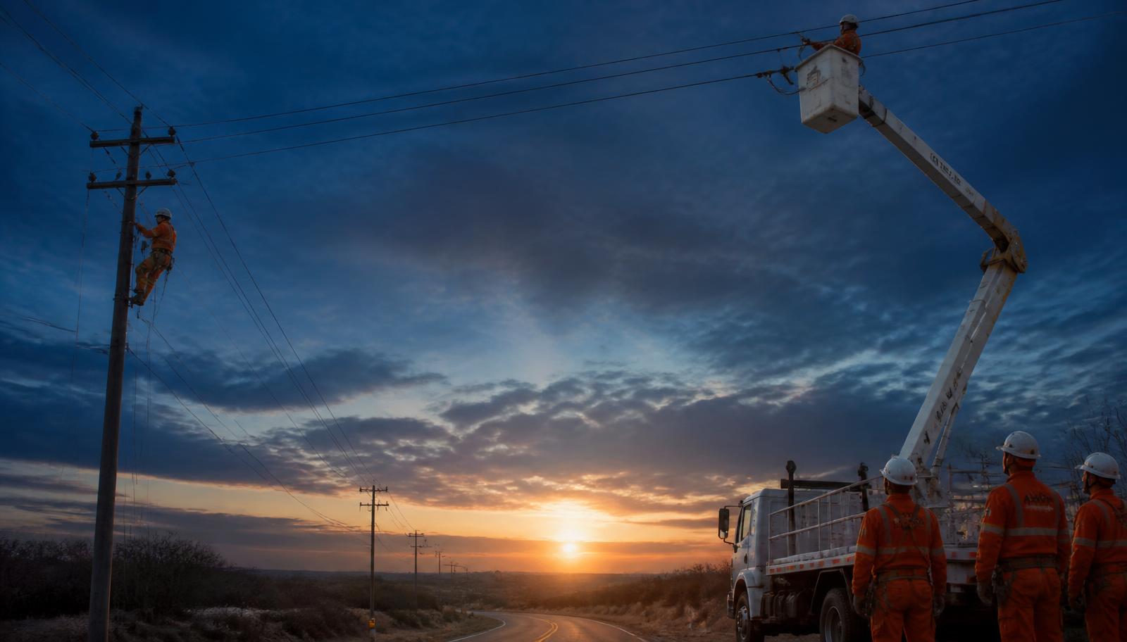 Equipe de eletricistas da LI Engenharia atuando em rede de distribuição com caminhão cesto aéreo ao entardecer